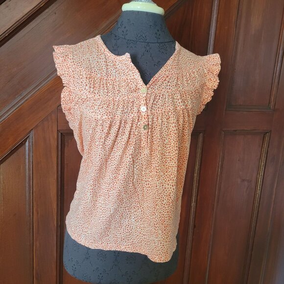 Loft Vintage Soft Orange Polka Dot Ruffle Sleeve Button Front Blouse Womens M Co - Picture 1 of 7